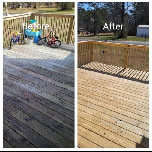 Wood deck before and after pressure washing