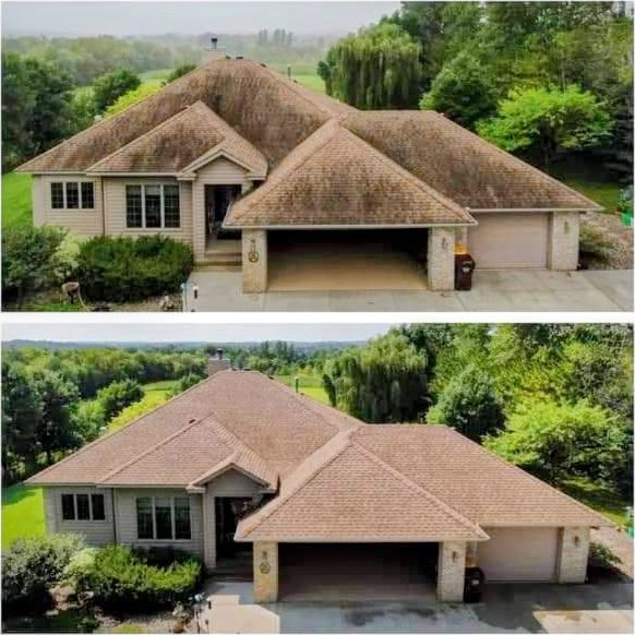 Aerial view of a shingle roof before and after soft-wash cleaning